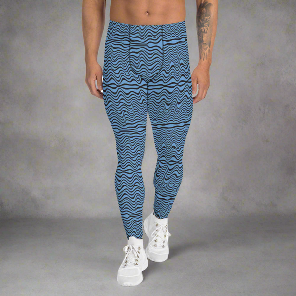 Blue Curvy Men's Leggings, Black and Blue Great Wave Pattern Designer Print Sexy Meggings Men's Workout Gym Tights Leggings, Men's Compression Tights Pants - Made in USA/ EU/ MX (US Size: XS-3XL)&nbsp;Patterned&nbsp;Leggings For Men, Tights Workout, Men's Compression Pants, Mens Festival Leggings, Mens Leggings Fashion, Mens Tights