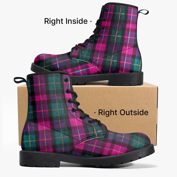 Pink Plaid Print Women's Boots, Pink &amp; Green Scottish Style Plaid Print Designer Best Water Resistant Anti-Moisture Durable Winter Boots For Women (US Size 5.5-12) Pink Plaid Women's Canvas Boots, Pink &amp; Green Scottish Style Plaid Classic Print Elegant Feminine Casual Fashion Gifts,&nbsp;Pink Plaid Print&nbsp;Shoes For Plaid Lovers, Water Resistant Anti-Moisture Combat Boots, Designer Women's Winter Lace-up Toe Cap Hiking Boots Shoes For Women