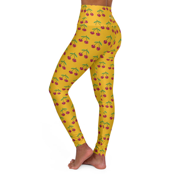 Yellow Cherries Print Women's Tights, High Waisted Yoga Leggings