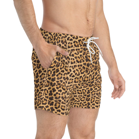 Beige Leopard Men's Swim Trunks, Brown Best Designer Beige Brown Leopard Animal Print Swim Trunks For Men (US Size: XS-3XL) Animal Print Mid-Length Shorts Beach Pockets Mesh Lining Drawstring Luxury Cool Guys Casual Bathing Suit Plus Size Available Swimwear For Men