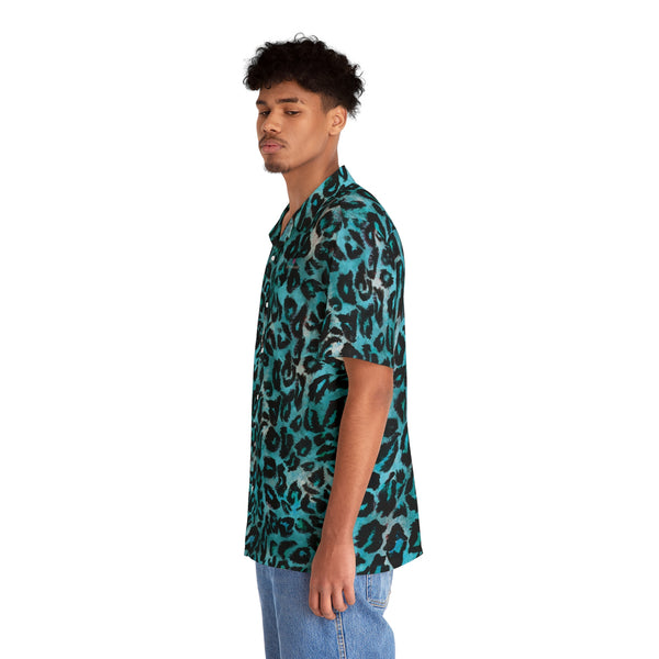 Blue Leopard Print Men's Shirt, Best Men's Hawaiian Shirt