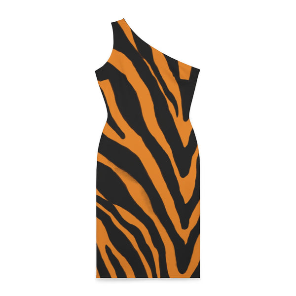 Orange Zebra Shoulder Dress, Zebra Pattern Women's Shoulder Dress, Orange and Black Best Knee-Length Fitted Stretchy Designer Animal Print Off-The-Shoulder Sleeveless Dress &nbsp;- Made in USA (US Size: XS-XL)