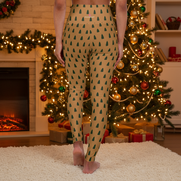 Beige Christmas Tree Yoga Tights,  Brown High Waisted Women's Yoga Leggings