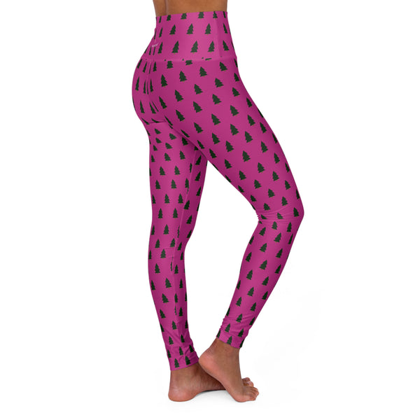Pink Christmas Tree Yoga Tights, High Waisted Women's Yoga Leggings