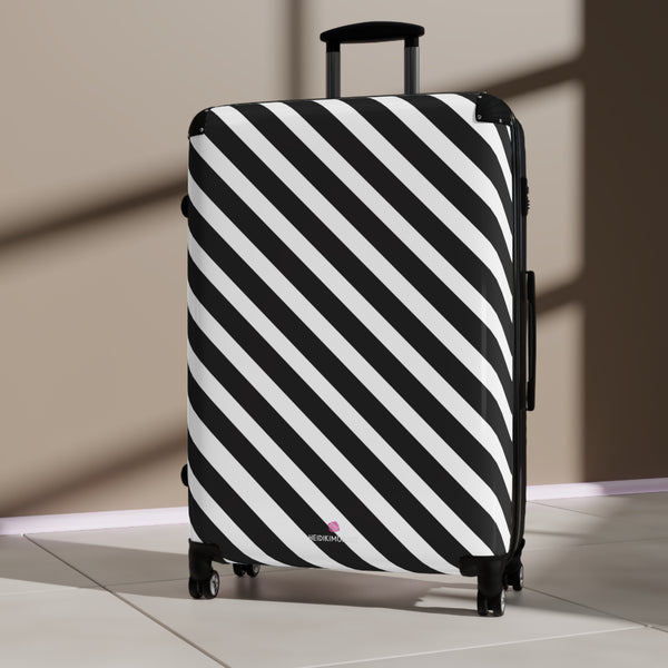 Black White Diagonal Striped Suitcases, Stripes Print Suitcases, Best Suitcases, Travel Bag Suitcases