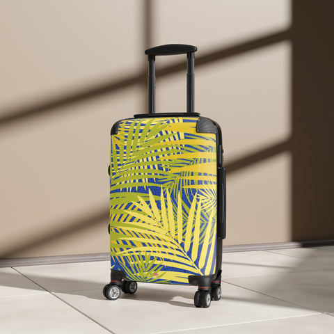 Yellow Blue Palm Suitcase, Abstract Tropical Palm Leaves Print Designer Suitcases,  Travel Bag Suitcases