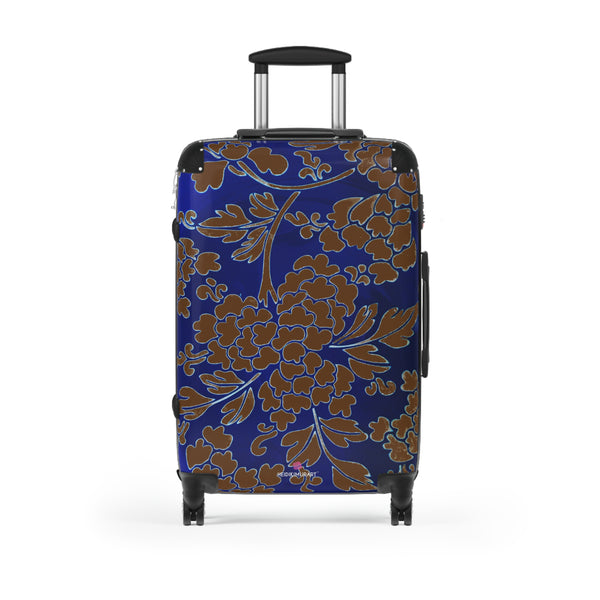 Brown Blue Floral Print Suitcase, Abstract Oriental Style Floral Print Designer Suitcase Luggage (Small, Medium, Large)&nbsp;Unique Cute Spacious Versatile and Lightweight Carry-On or Checked In Suitcase, Best Personal Superior Designer Adult's Travel Bag Custom Luggage - Gift For Him or Her - Printed in&nbsp; Canada