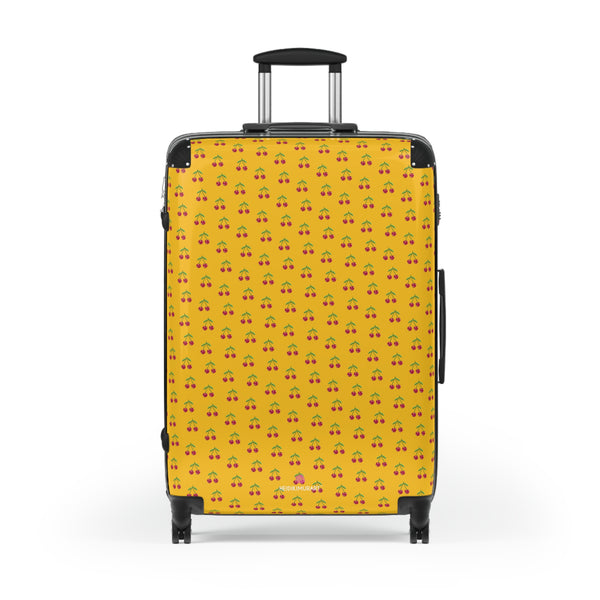 Yellow Cherry Print Suitcase, Cute Red Cherries Print Designer Suitcases, Travel Bag Suitcases