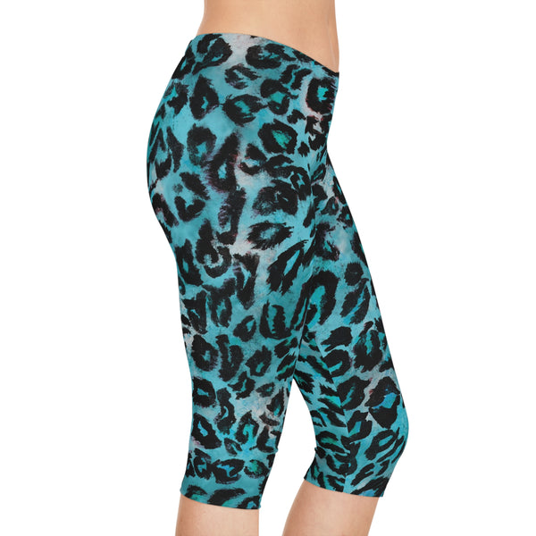 Blue Leopard Women's Capri Leggings, Modern Leopard Animal Print American-Made Best Designer Premium Quality Knee-Length Mid-Waist Fit Knee-Length Polyester Capris Tights-Made in USA (US Size: XS-2XL) Plus Size Available