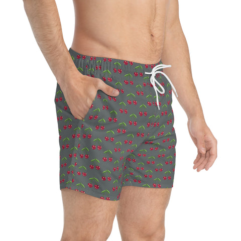 Grey Cherries Print Men's Swimwear, Red Cherries Print Best Designer Cherries Print Swim Trunks For Men (US Size: XS-3XL) Red Cherries Print Mid-Length Shorts Beach Pockets Mesh Lining Drawstring Luxury Cool Guys Casual Bathing Suit Plus Size Available Swimwear For Men