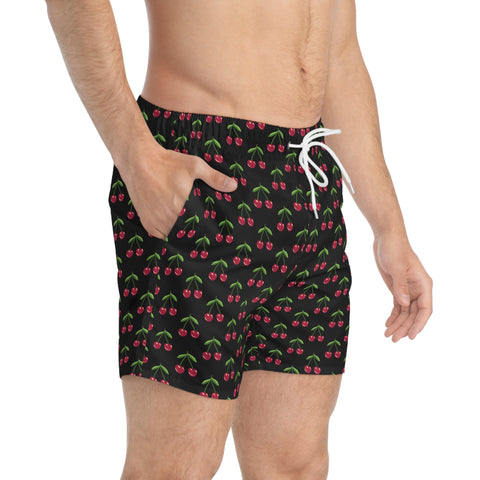 Black Cherries Print Men's Swimwear, Red Cherries Print Best Designer Cherries Print Swim Trunks For Men (US Size: XS-3XL)&nbsp;Red Cherries Print Mid-Length Shorts Beach Pockets Mesh Lining Drawstring Luxury Cool Guys Casual Bathing Suit Plus Size Available Swimwear For Men