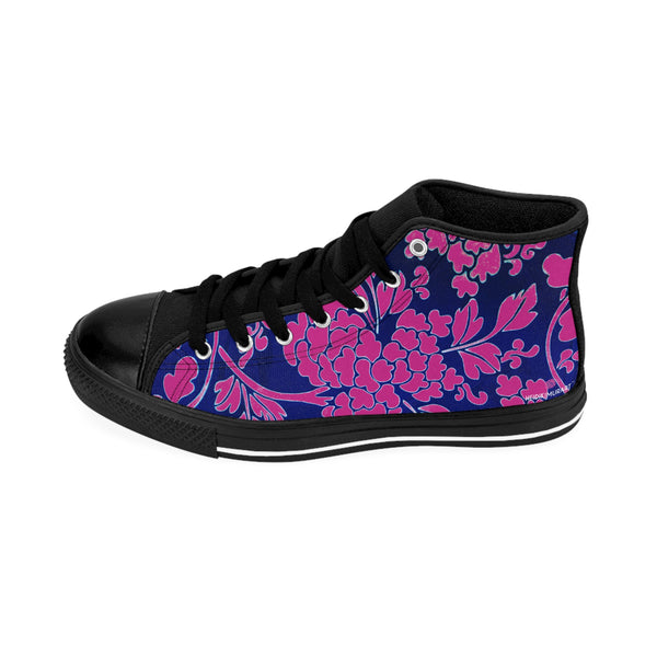 Pink Blue Floral  Men's High Tops, Blue Floral Print Best Designer Men's Classic Sneakers
