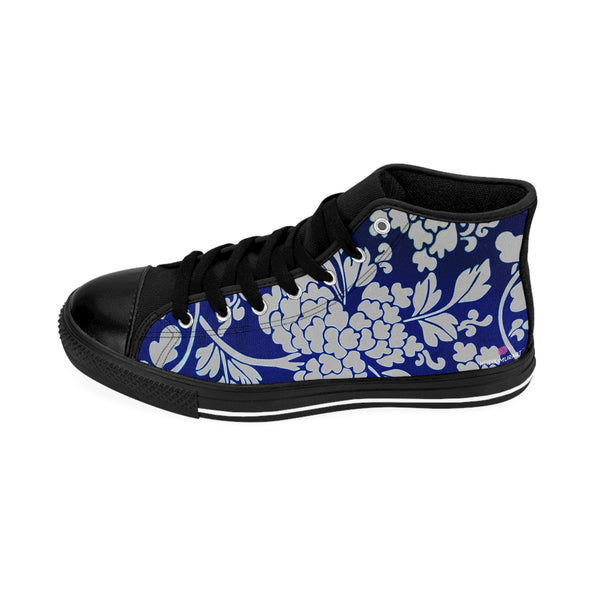 Grey Floral  Men's High Tops, Blue Floral Print Best Designer Men's Classic Sneakers