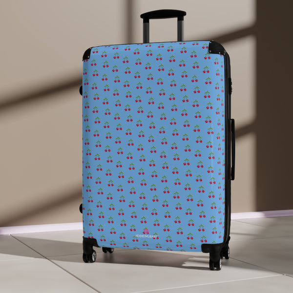 Blue Cherry Print Suitcase, Red Cherries Print Designer Suitcases, Travel Bag Suitcases