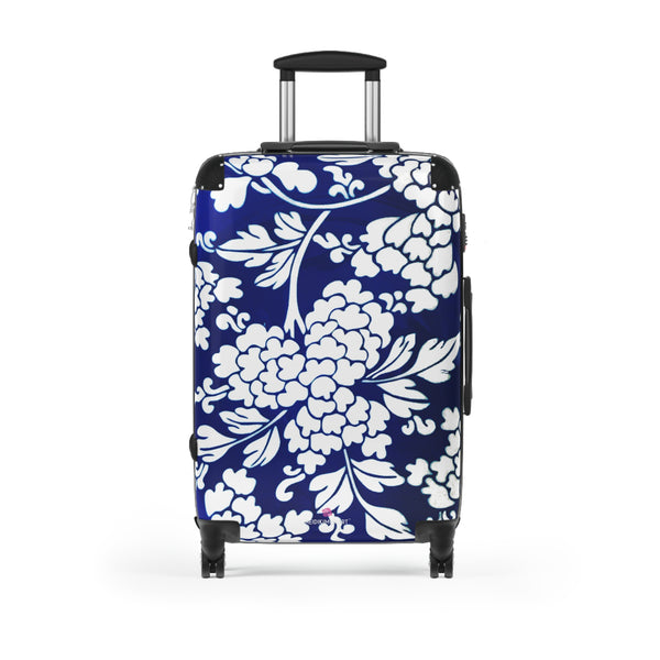 White and Blue Floral Print Suitcase, Abstract Oriental Style Floral Print Designer Suitcase Luggage (Small, Medium, Large)&nbsp;Unique Cute Spacious Versatile and Lightweight Carry-On or Checked In Suitcase, Best Personal Superior Designer Adult's Travel Bag Custom Luggage - Gift For Him or Her - Printed in&nbsp; Canada