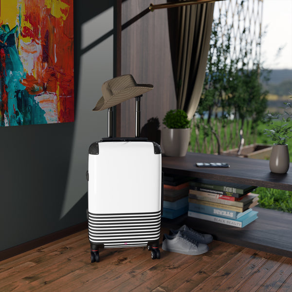 Horizonal Striped Print Suitcases, Black White Stripes Print Best Suitcases, Travel Bag Suitcases