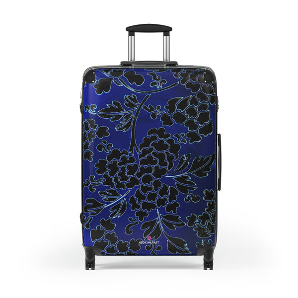 Black Blue Floral Print Suitcase, Abstract Oriental Style Floral&nbsp;Print Designer Suitcase Luggage (Small, Medium, Large) Unique Cute Spacious Versatile and Lightweight Carry-On or Checked In Suitcase, Best Personal Superior Designer Adult's Travel Bag Custom Luggage - Gift For Him or Her - Printed in&nbsp; Canada