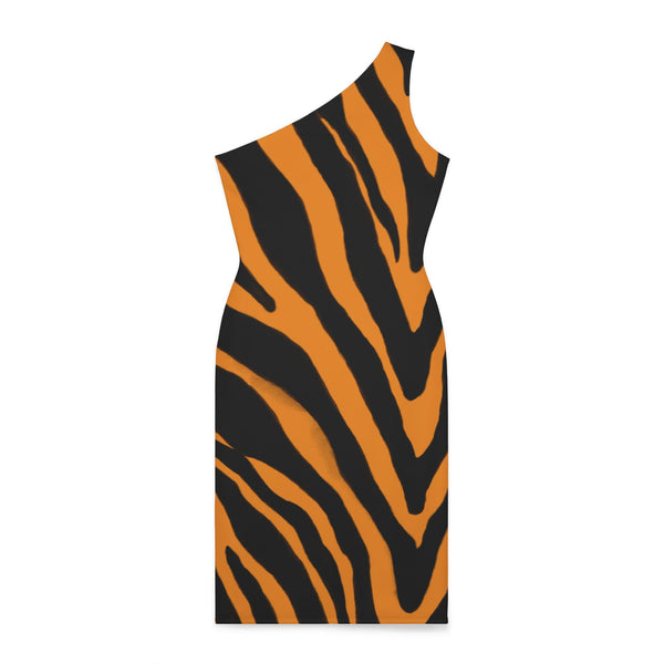 Orange Zebra Shoulder Dress, Zebra Pattern Women's Shoulder Dress, Orange and Black Best Knee-Length Fitted Stretchy Designer Animal Print Off-The-Shoulder Sleeveless Dress &nbsp;- Made in USA (US Size: XS-XL)