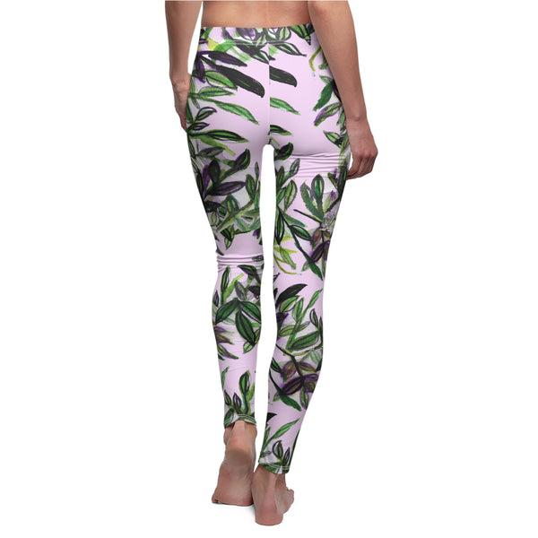 Floral Pink Women's Casual Leggings, Made in USA, Size: XS-2XL, Tropical Leaves Print Leggings, Tropical Tight Pants