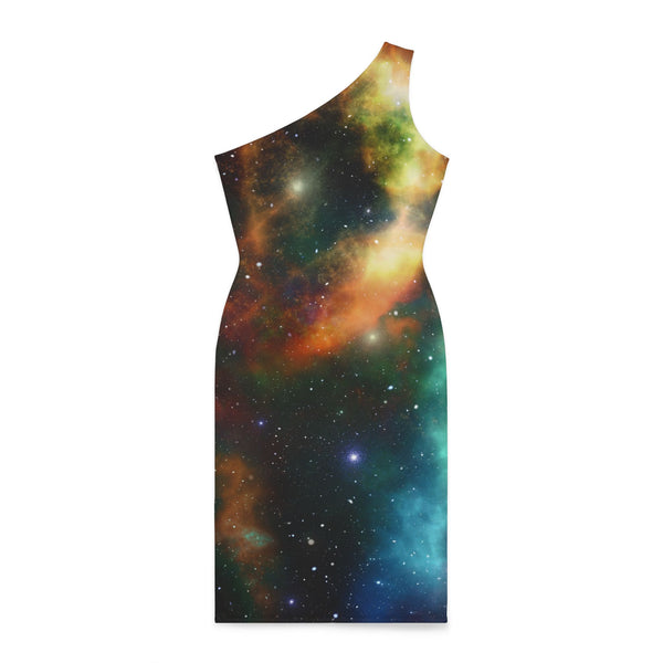 Multi-Colored Abstract Women's Shoulder Dress, Galaxy Colorful Abstract Space Print Best Knee-Length Fitted Stretchy Designer Off-The-Shoulder Sleeveless Dress &nbsp;- Made in USA (US Size: XS-XL)