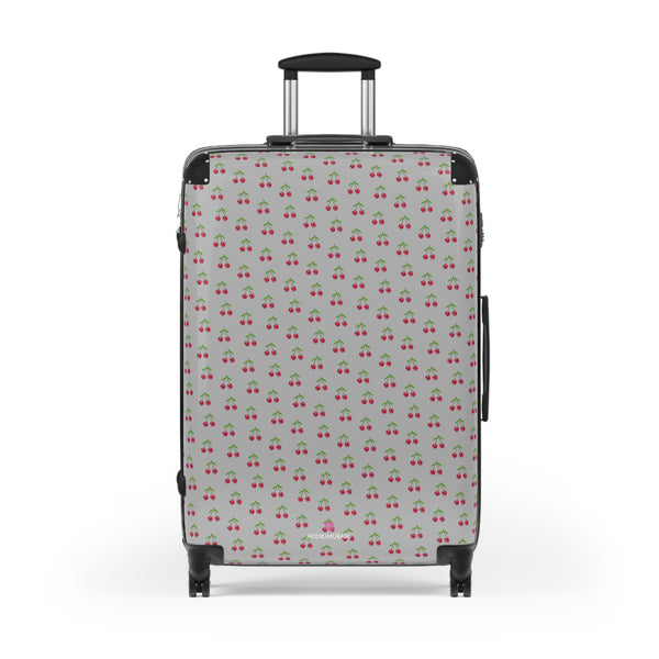 Light Grey Cherry Print Suitcase, Cute Red Cherries Print Designer Suitcases, Travel Bag Suitcases