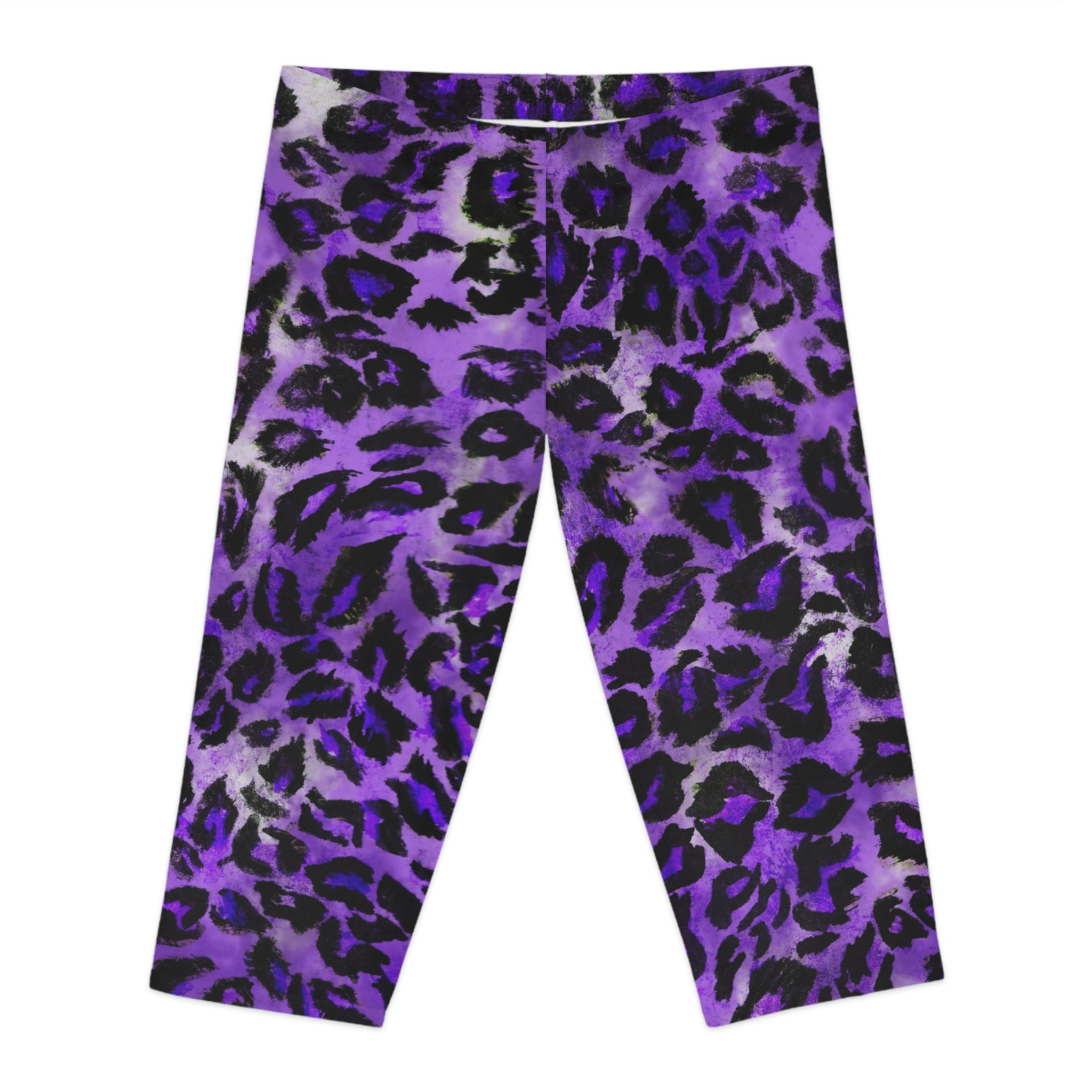 Purple Leopard Women's Capri Leggings, Modern Leopard Animal Print American-Made Best Designer Premium Quality Knee-Length Mid-Waist Fit Knee-Length Polyester Capris Tights-Made in USA (US Size: XS-2XL) Plus Size Available