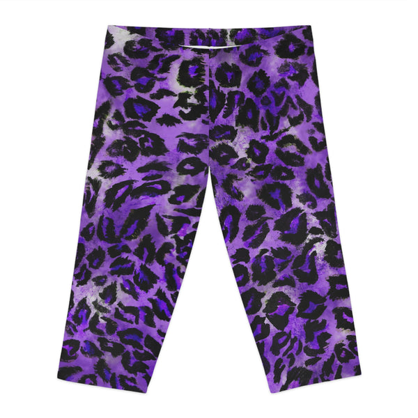 Purple Leopard Women's Capri Leggings, Modern Leopard Animal Print American-Made Best Designer Premium Quality Knee-Length Mid-Waist Fit Knee-Length Polyester Capris Tights-Made in USA (US Size: XS-2XL) Plus Size Available