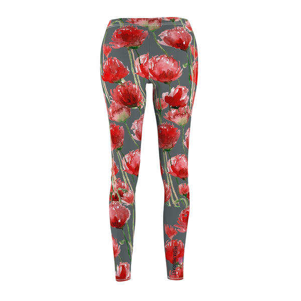 Brown Poppy Floral Casual Tights, Women's Floral Casual Leggings