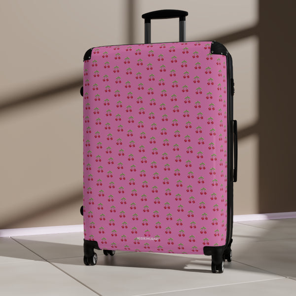 Pink Cherry Print Suitcase, Cute Red Cherries Print Designer Suitcases, Travel Bag Suitcases