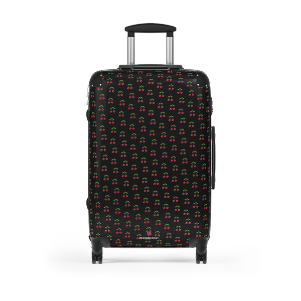 Black Cherry Print Suitcase, Cute Red Cherries Print Designer Suitcases, Travel Bag Suitcases