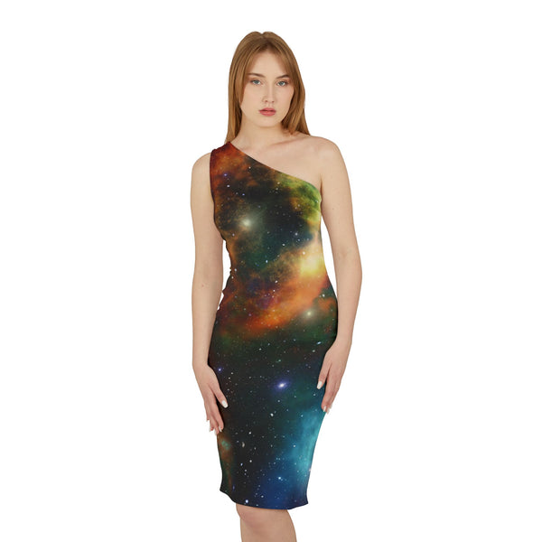 Multi-Colored Abstract Women's Shoulder Dress, Galaxy Colorful Abstract Space Print Best Knee-Length Fitted Stretchy Designer Off-The-Shoulder Sleeveless Dress &nbsp;- Made in USA (US Size: XS-XL)