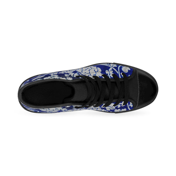 Grey Floral  Men's High Tops, Blue Floral Print Best Designer Men's Classic Sneakers