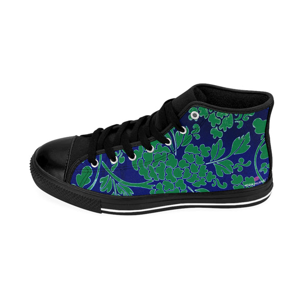 Green Floral  Men's High Tops, Green and Blue Floral Best Designer Men's Classic Sneakers