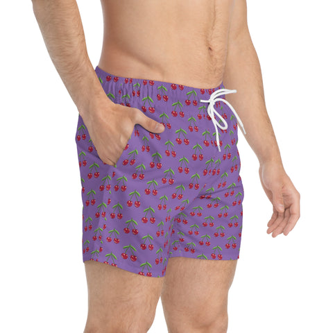 Purple Cherries Print Men's Swimwear, Red Cherries Print Best Designer Cherries Print Swim Trunks For Men (US Size: XS-3XL)&nbsp;Red Cherries Print Mid-Length Shorts Beach Pockets Mesh Lining Drawstring Luxury Cool Guys Casual Bathing Suit Plus Size Available Swimwear For Men