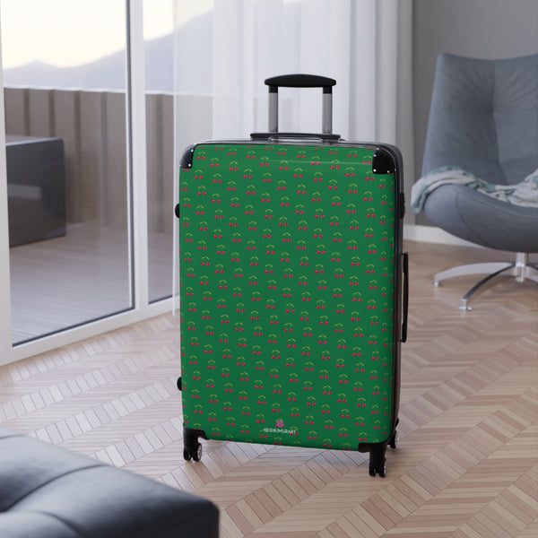 Green Cherry Print Suitcase, Cute Red Cherries Print Designer Suitcases, Travel Bag Suitcases