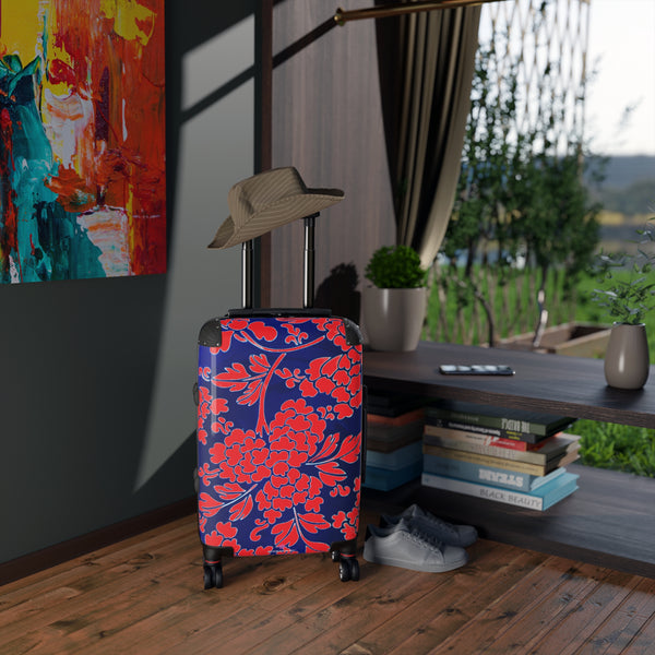 Red Blue Floral Print Suitcase, Abstract Oriental Style Floral Print Designer Suitcases, Travel Bag Suitcases (Small, Medium, Large)