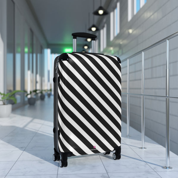 Black White Diagonal Striped Suitcases, Stripes Print Suitcases, Best Suitcases, Travel Bag Suitcases