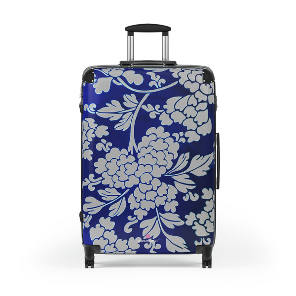 Grey Blue Floral Print Suitcase, Abstract Oriental Style Floral Print Designer Suitcase Luggage (Small, Medium, Large) Unique Cute Spacious Versatile and Lightweight Carry-On or Checked In Suitcase, Best Personal Superior Designer Adult's Travel Bag Custom Luggage - Gift For Him or Her - Printed in&nbsp; Canada