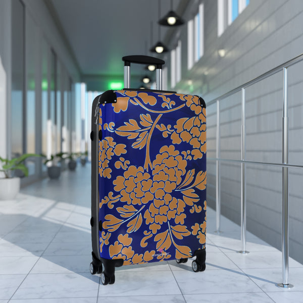 Brown Blue Floral Print Suitcase, Abstract Oriental Style Floral Print Designer Suitcases, Travel Bag Suitcases (Small, Medium, Large)