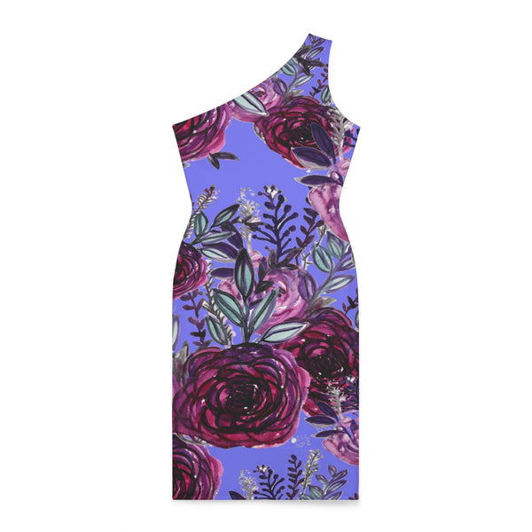 Purple Flower Print Women's Dress, Chic Floral Rose Print Best Knee-Length Fitted Stretchy Designer Off-The-Shoulder Sleeveless Dress &nbsp;- Made in USA (US Size: XS-XL)