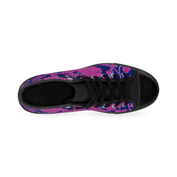 Pink Blue Floral  Men's High Tops, Blue Floral Print Best Designer Men's Classic Sneakers