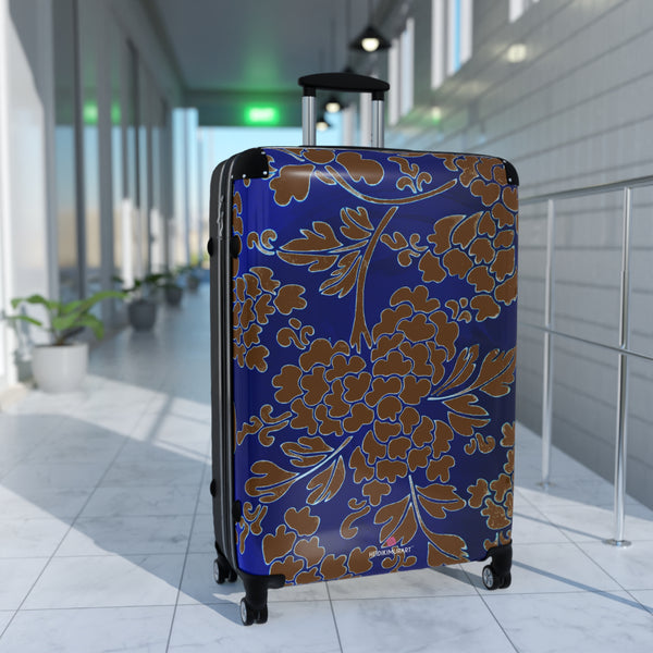 Brown Blue Floral Print Suitcase, Abstract Print Designer Suitcases, Travel Bag Suitcases (Small, Medium, Large)