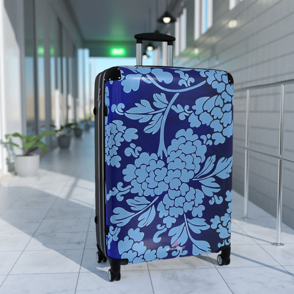 Sky Blue Floral Print Suitcase, Abstract Oriental Style Floral Print Designer Suitcases, Travel Bag Suitcases (Small, Medium, Large)