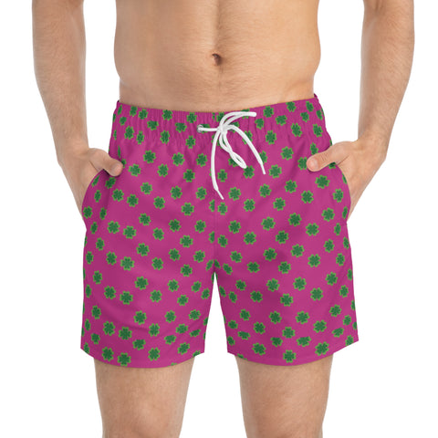 Pink Clover Leaf Swim Trunk, Hot Pink Colorful Green St. Patrick's Day Best Designer Green Clover Leaves Print Swim Trunks For Men (US Size: XS-3XL)&nbsp;Designer Mid-Length Shorts Beach Pockets Mesh Lining Drawstring Luxury Cool Guys Casual Bathing Suit Plus Size Available Swimwear For Men