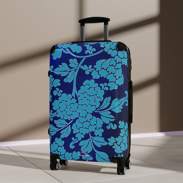 Blue Floral Print Suitcase, Abstract Oriental Style Floral Print Designer Suitcases, Travel Bag Suitcases (Small, Medium, Large)