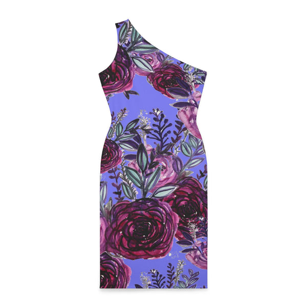 Purple Flower Print Women's Dress, Chic Floral Rose Print Best Knee-Length Fitted Stretchy Designer Off-The-Shoulder Sleeveless Dress &nbsp;- Made in USA (US Size: XS-XL)