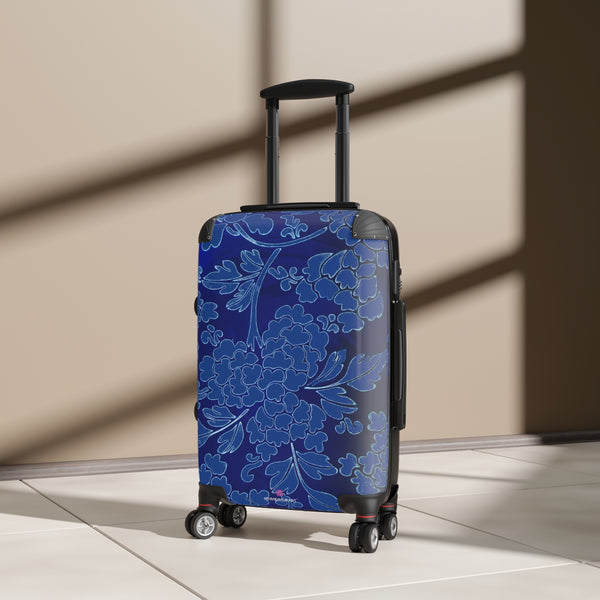 Royal Blue Floral Print Suitcase, Abstract Oriental Style Floral Print Designer Suitcases, Travel Bag Suitcases (Small, Medium, Large)