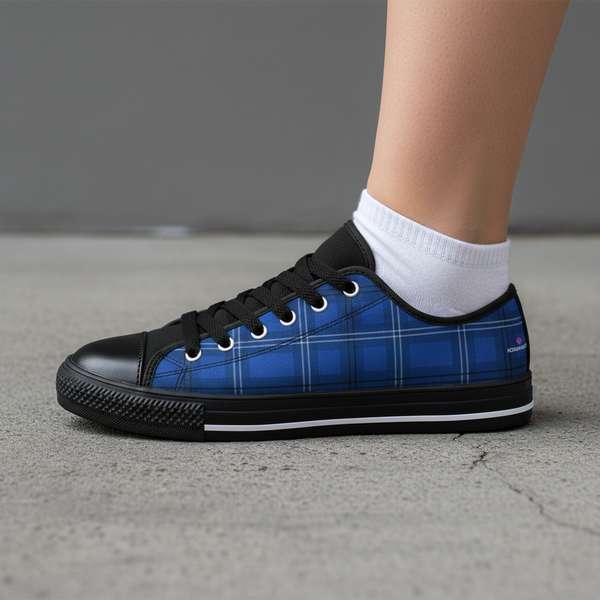 Royal Blue Plaid Women's Sneakers, Blue Classic Tartan Plaid Print Designer Low Top Fashion Tennis Shoes Women's Sneakers Footwear Streetwear Shoes (US Size: 6-12)
