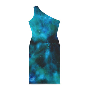 Blue Abstract Women's Shoulder Dress, Galaxy Blue Abstract Galaxy Print Best Knee-Length Fitted Stretchy Designer Off-The-Shoulder Sleeveless Dress &nbsp;- Made in USA (US Size: XS-XL) Blue Galaxy Shoulder Dress