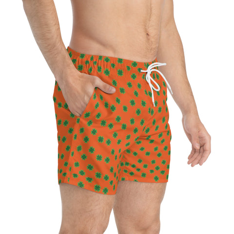 Orange Clover Leaf Swim Trunk, Colorful Green St. Patrick's Day Best Designer Green Clover Leaves Print Swim Trunks For Men (US Size: XS-3XL) Designer Mid-Length Shorts Beach Pockets Mesh Lining Drawstring Luxury Cool Guys Casual Bathing Suit Plus Size Available Swimwear For Men